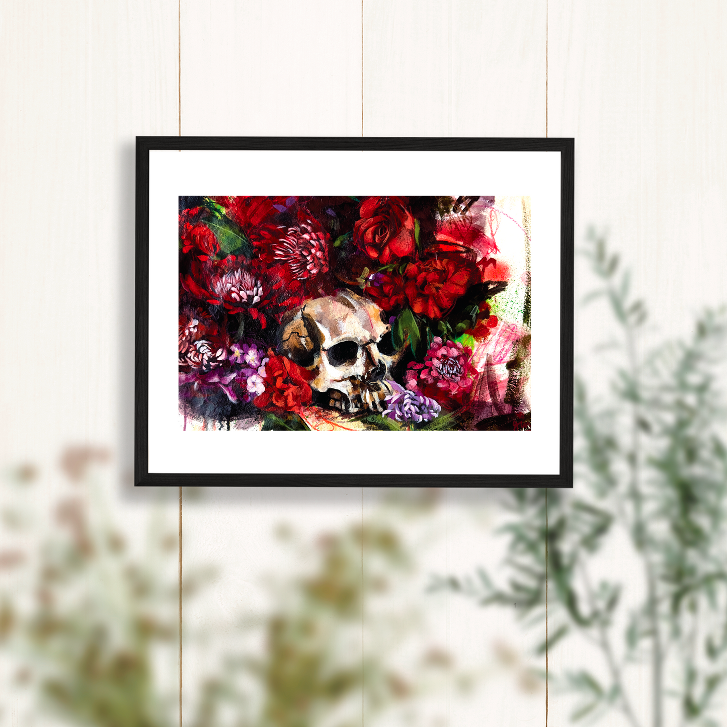 Red Flowers Skull Painting Art Print - 11x14 inches