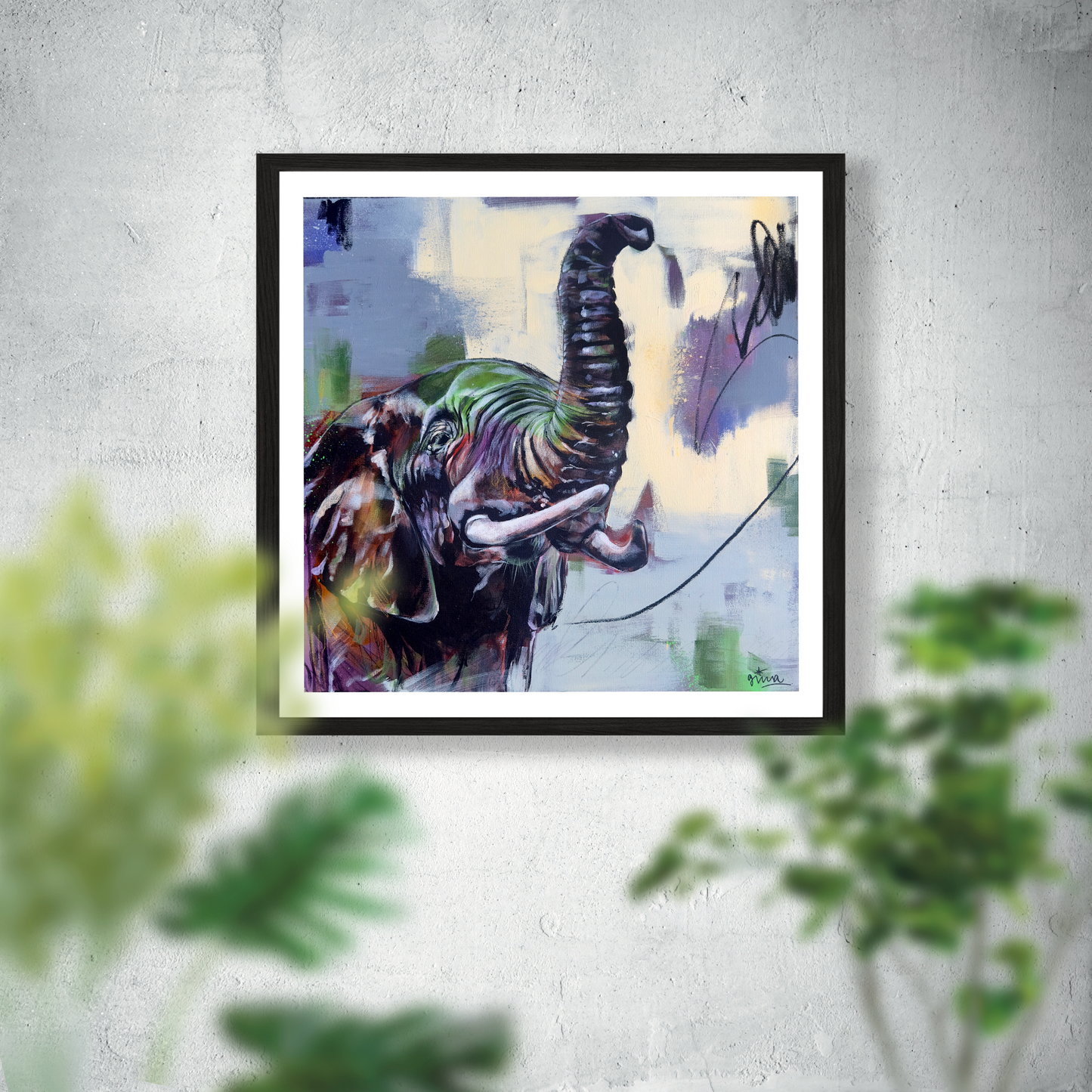 "Titan's Spirit" - Elephant Portrait with Eagle Art Print - 12x12 Inches