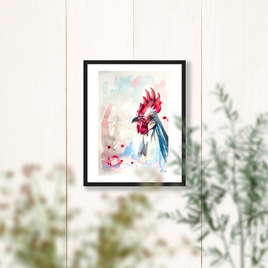 Watercolor Rooster Art Print - 8x10 Inches